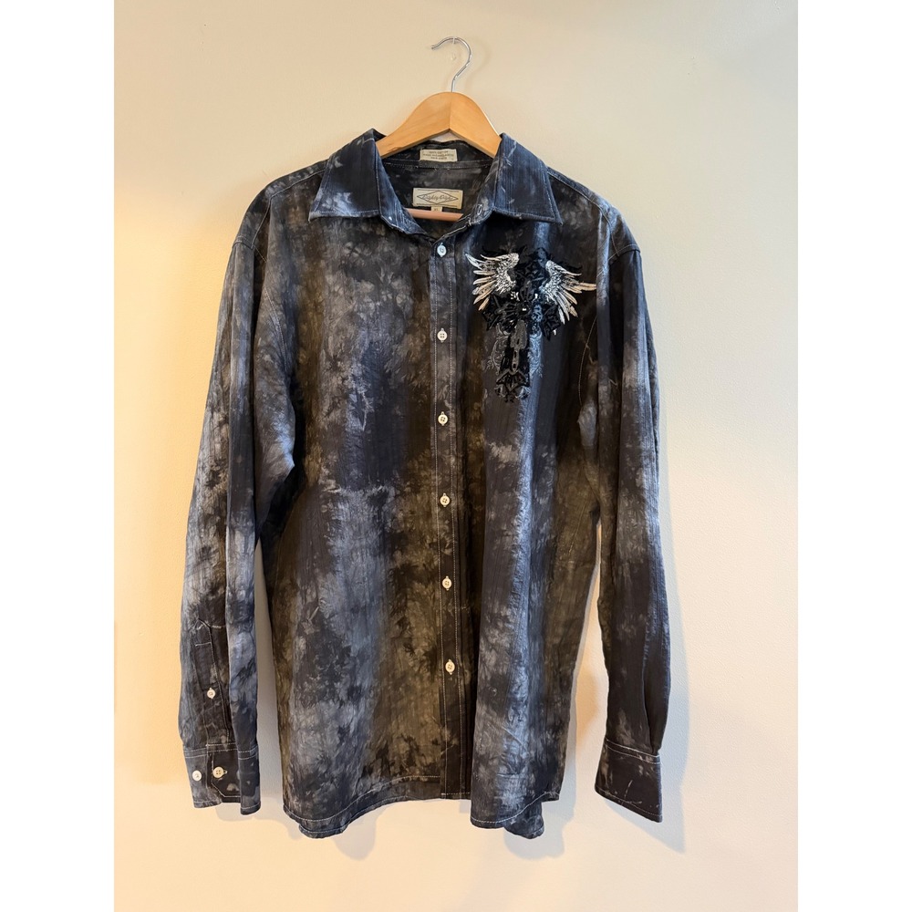 Eighty Eight Mens XL Tie Dye Gothic Graphic Button Down Shirt Y2K Vintage Grey